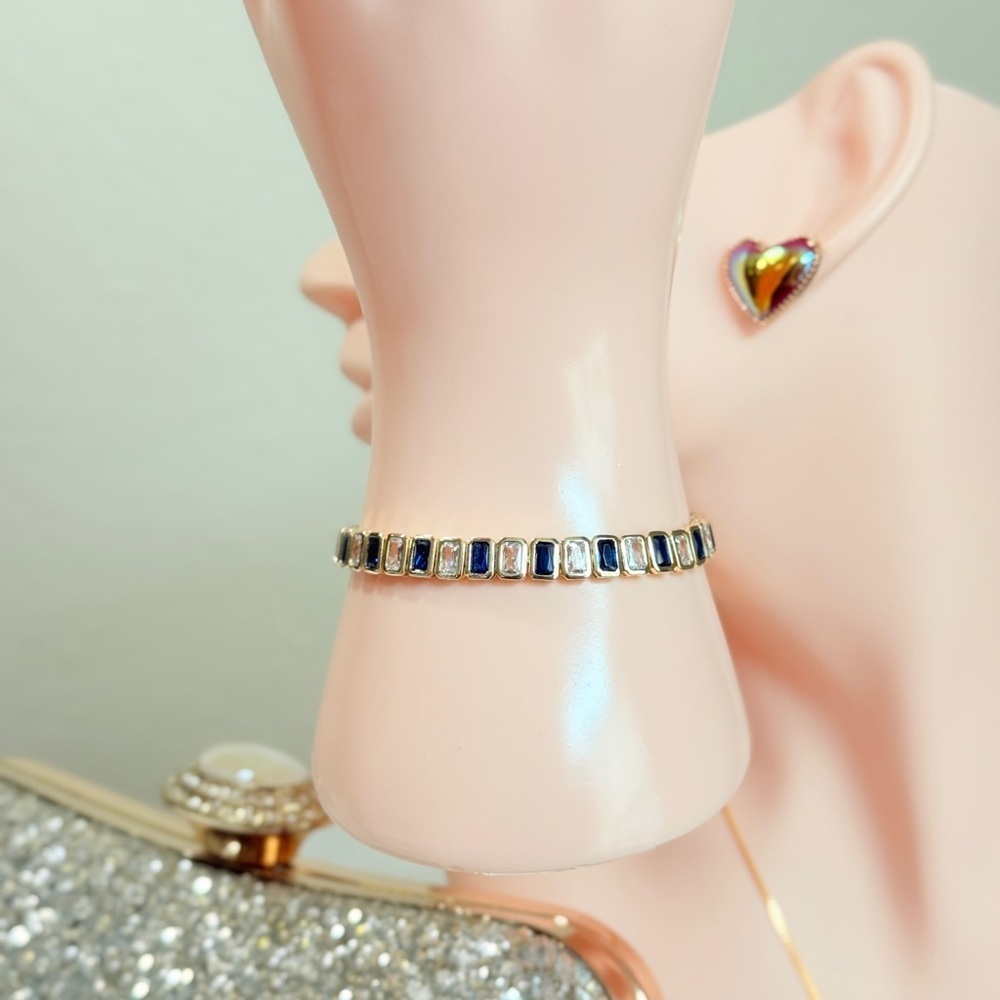 Classic 18Kt Gold Plated Bracelet With Blue and Clear Cubic Zirconia - Picture 12 of 12
